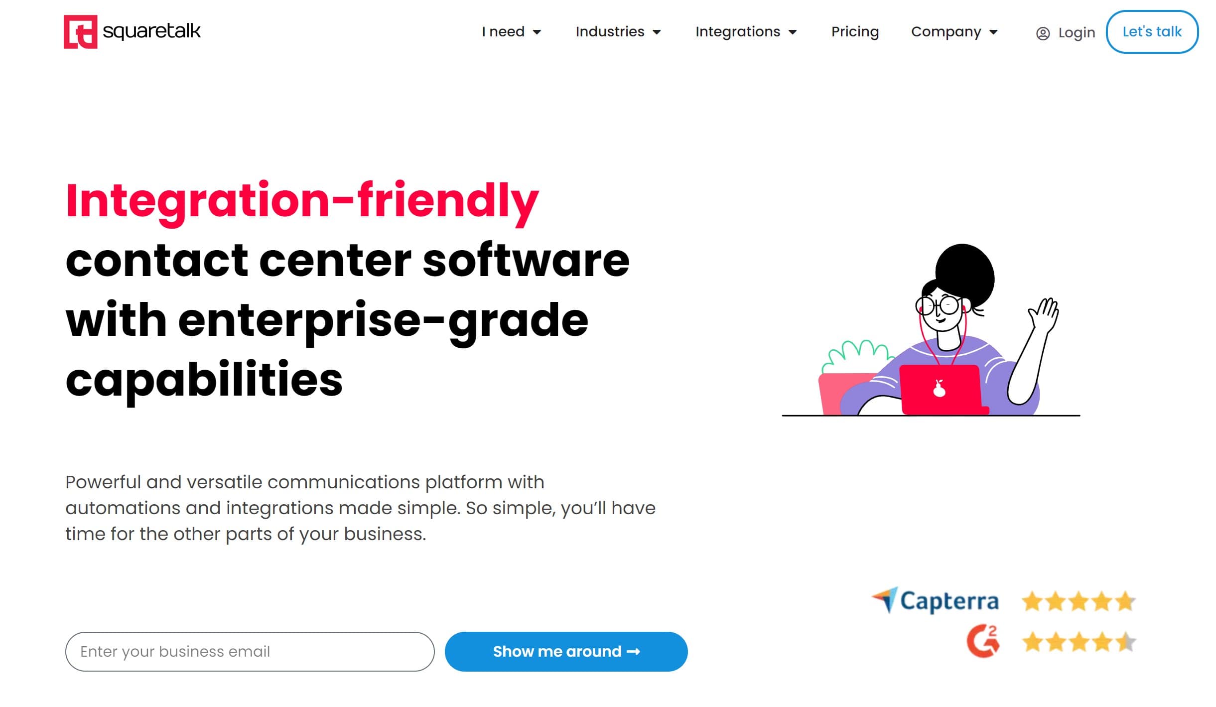 A screenshot of Squaretalk's homepage featuring a welcome message and email sign up option.