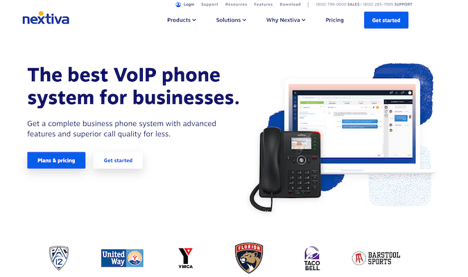 Nextiva VoIP phone system landing page with a button to view plans & pricing and a button to get started.