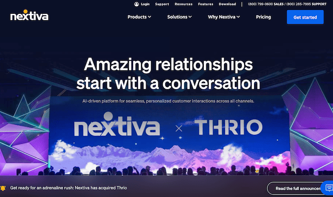 Nextiva homepage with a get started button.