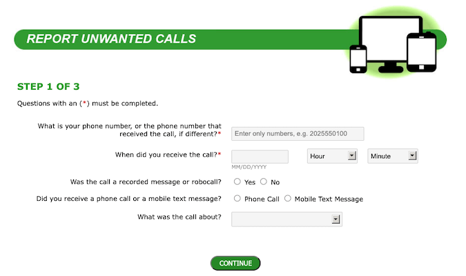 screenshot demonstrating how to report unwanted calls