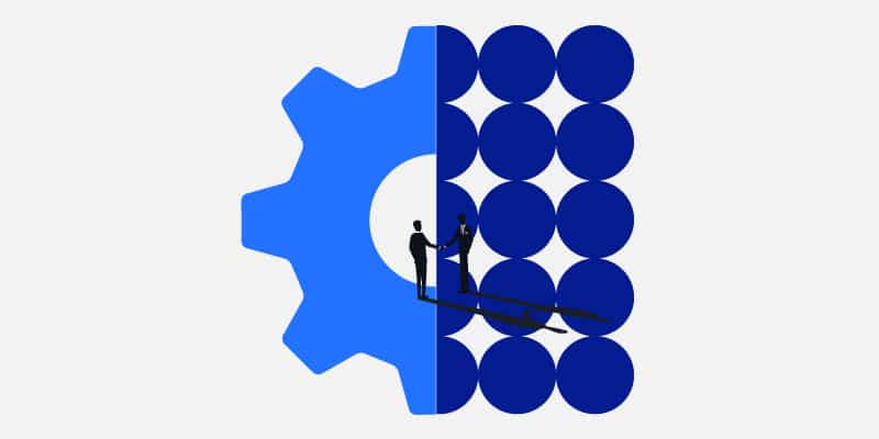 Illustration of two people shaking hands with a gear and a grid of dots in the background.