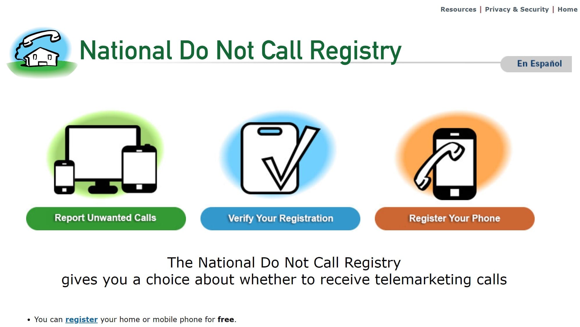 Homepage where you can register to the government's do not call list