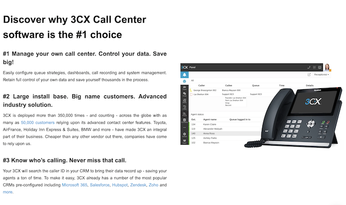Text says Discover why 3CX Call Center software is the number one choice. Manage your own call center, control your data, save big. Large install base, big name customers, advanced industry solution. Know who's calling, never miss that call.