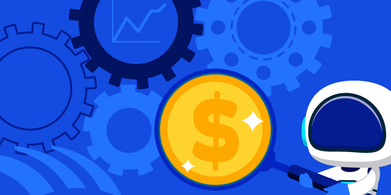 Illustration of a robot with a magnifying glass looking at gold amongst gears.