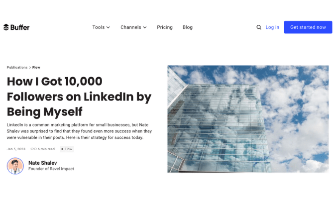 Example of a guest post titled "How I Got 10,000 Followers on LinkedIn by Being Myself" from Buffer