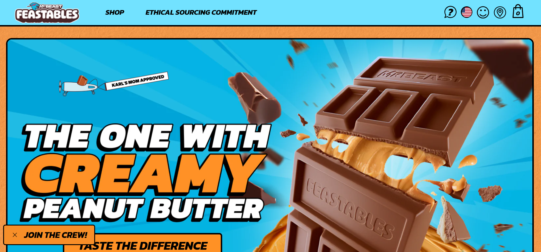 Screenshot of the Feastables website homepage featuring a bold, colorful design with prominent branding.