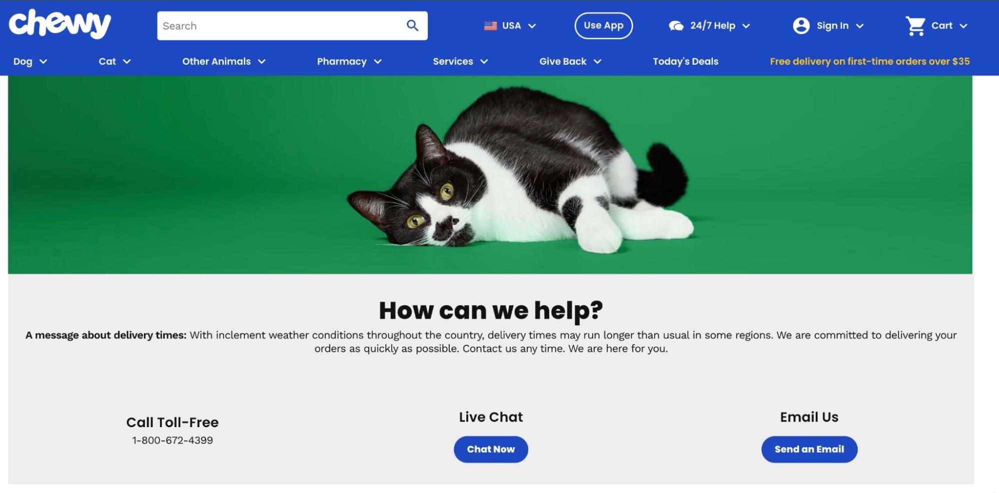 Screenshot of the Chewy &lsquo;Contact Us&rsquo; page, displaying options for customer support, including phone, chat, and email.