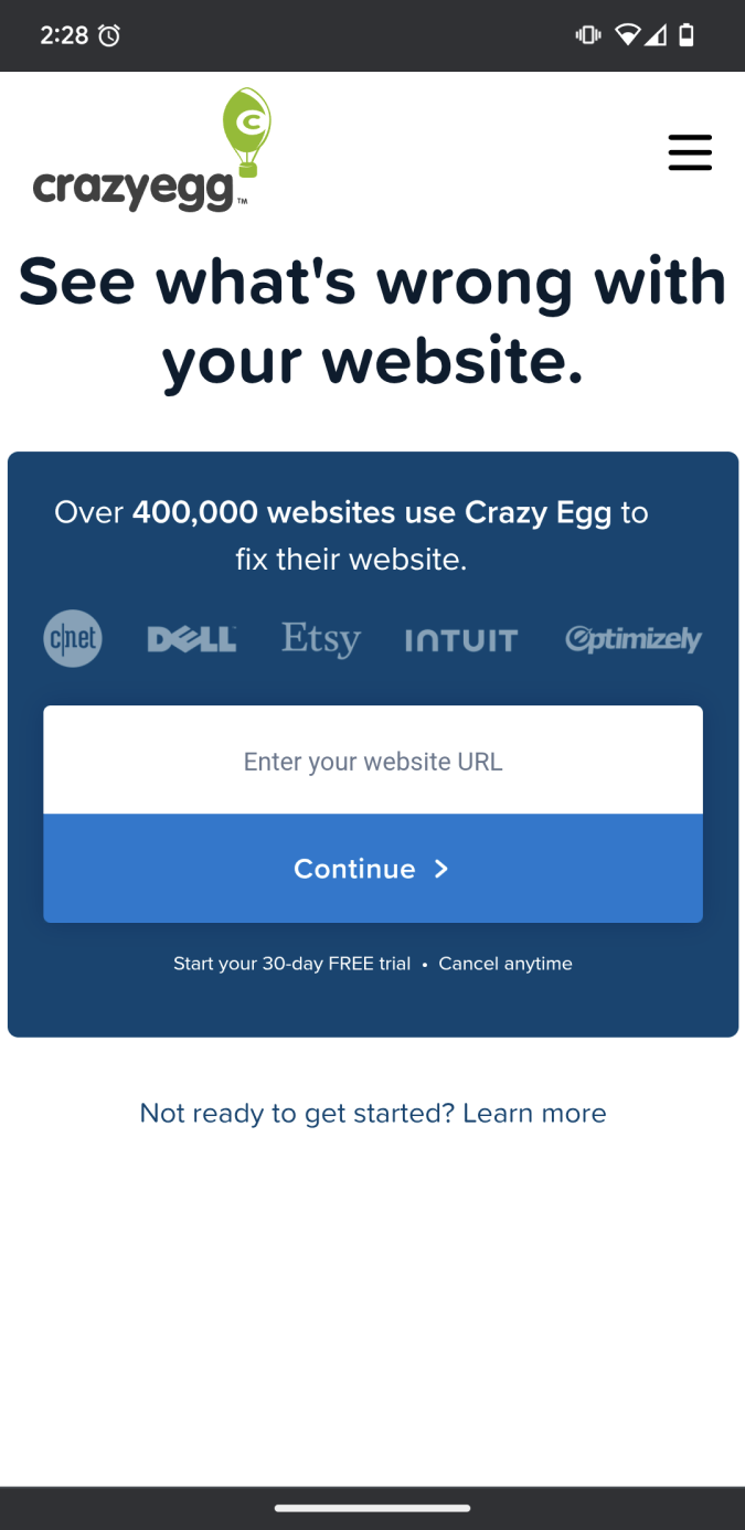 Crazy Egg homepage CTA example. 