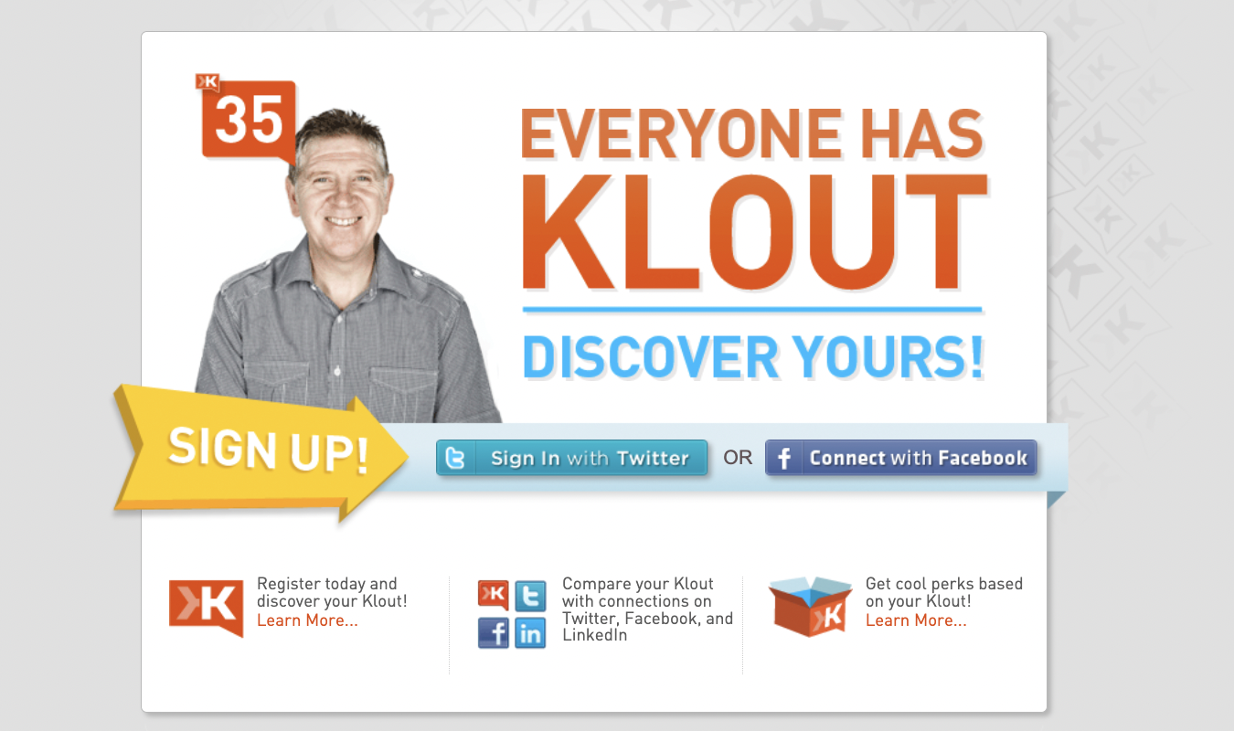 Screenshot of Klout homepage from 2012. 