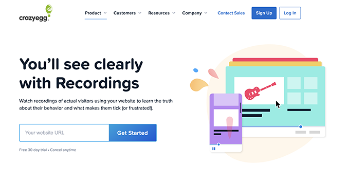 Crazy Egg Recordings tool page with an option to enter website URL and get started. 