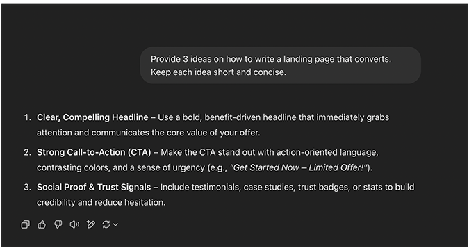 ChatGPT example of a prompt for ideas for how to write landing page. 