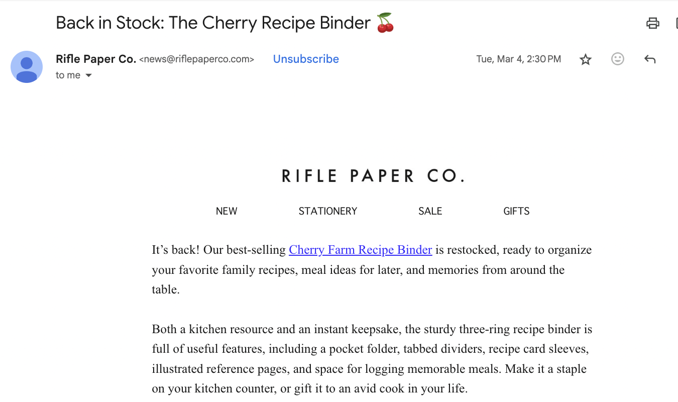 Rifle Paper Co. email titled Back in Stock: The Cherry Recipe Binder. 