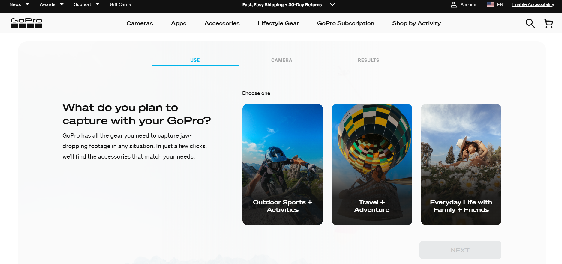 GoPro questionnaire page to find accessories. 