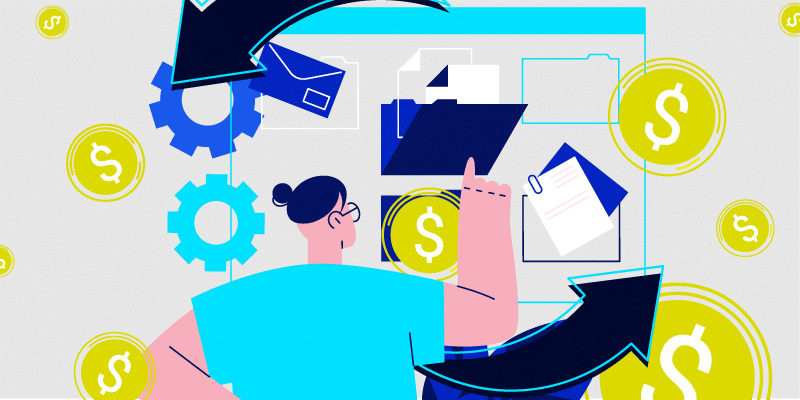 A person studies digital files on a screen, surrounded by icons representing arrows, gears, and dollar symbols—symbolizing the analysis of software licenses. The imagery reflects the optimization of financial and technological processes to enhance business profitability. The overall theme combines technology and finance in a modern, efficiency-focused context.