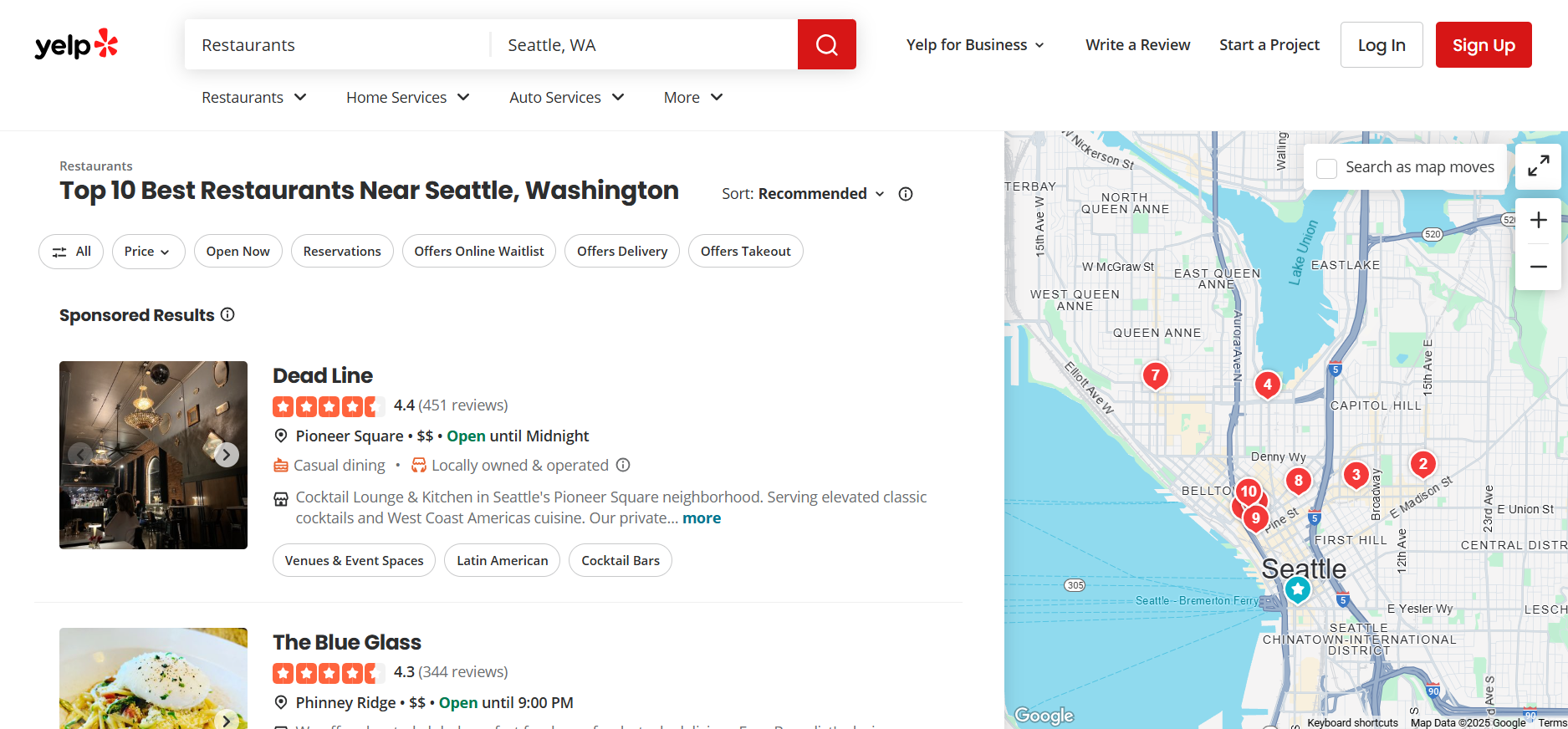 Yelp search for &ldquo;Best restaurants in my city,&rdquo; displaying results for Seattle. 