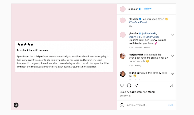 Screenshot of Glossier Instagram post