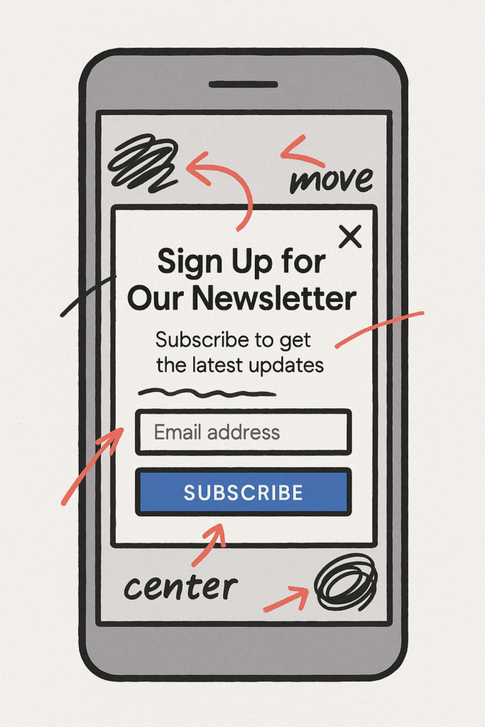 Illustration of a phone with a popup on the screen to sign up for a newsletter.