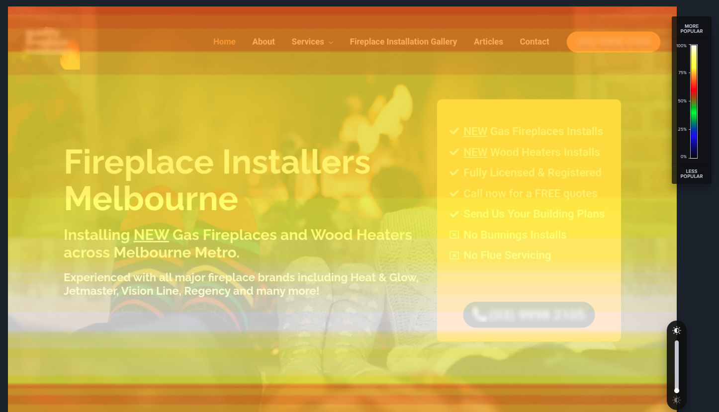 Crazy Egg scroll map over a fireplace installers website.