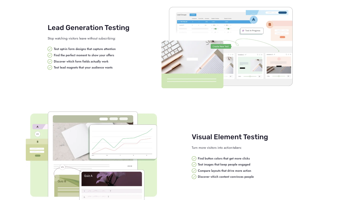 Landing page for Thrive Leads features including lead generation testing and visual element testing. 