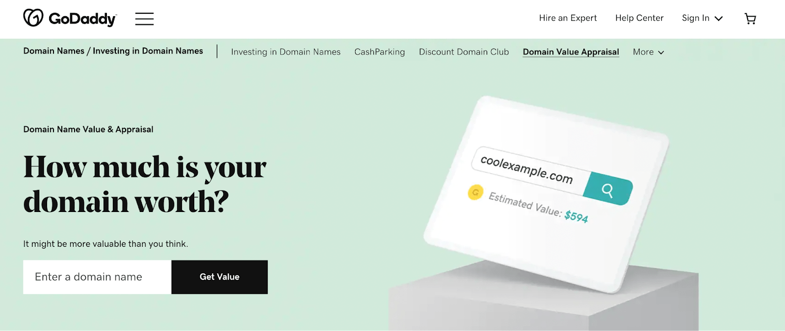 GoDaddy domain name value and appraisal landing page