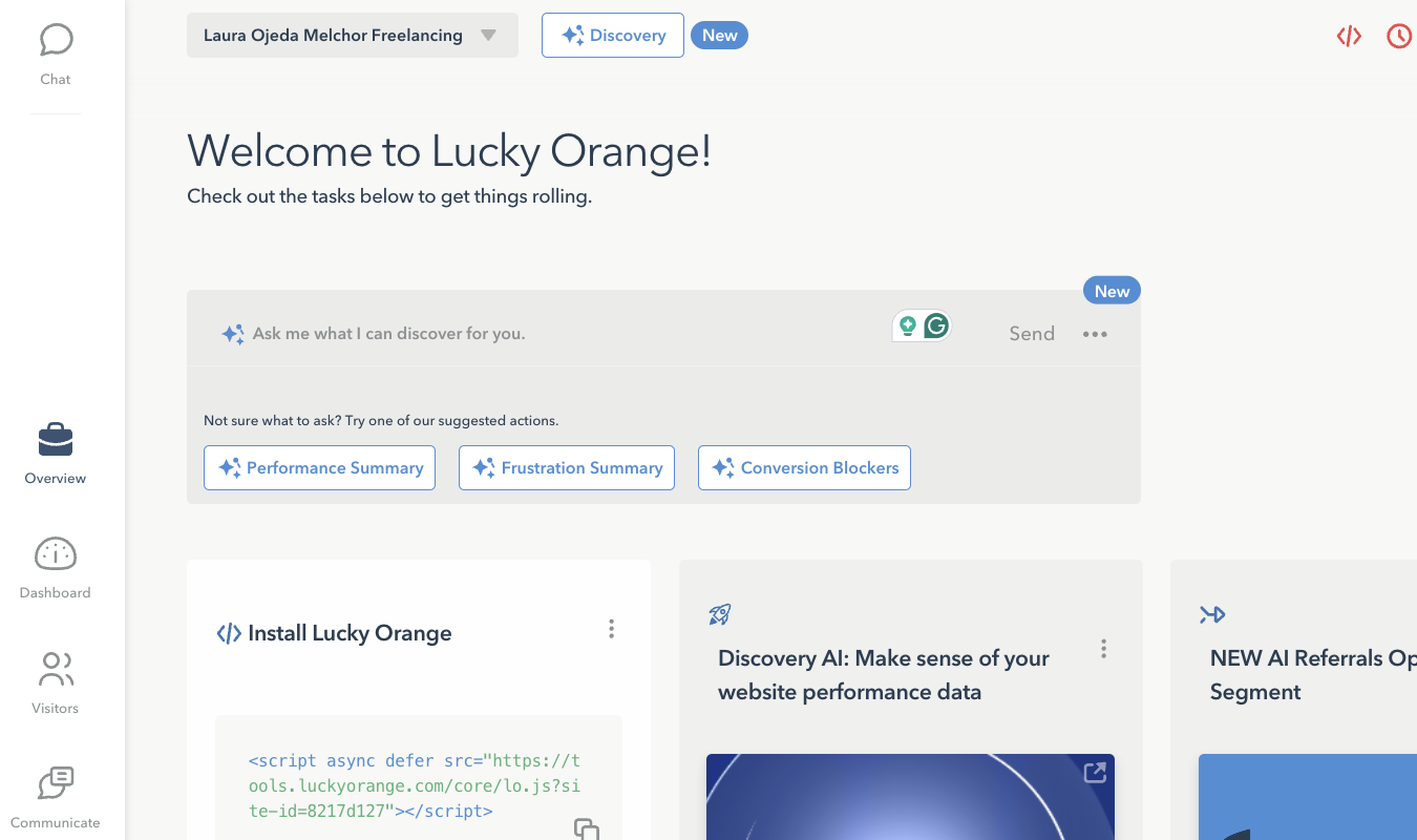 Welcome screen with install code snippet for Lucky Orange. 