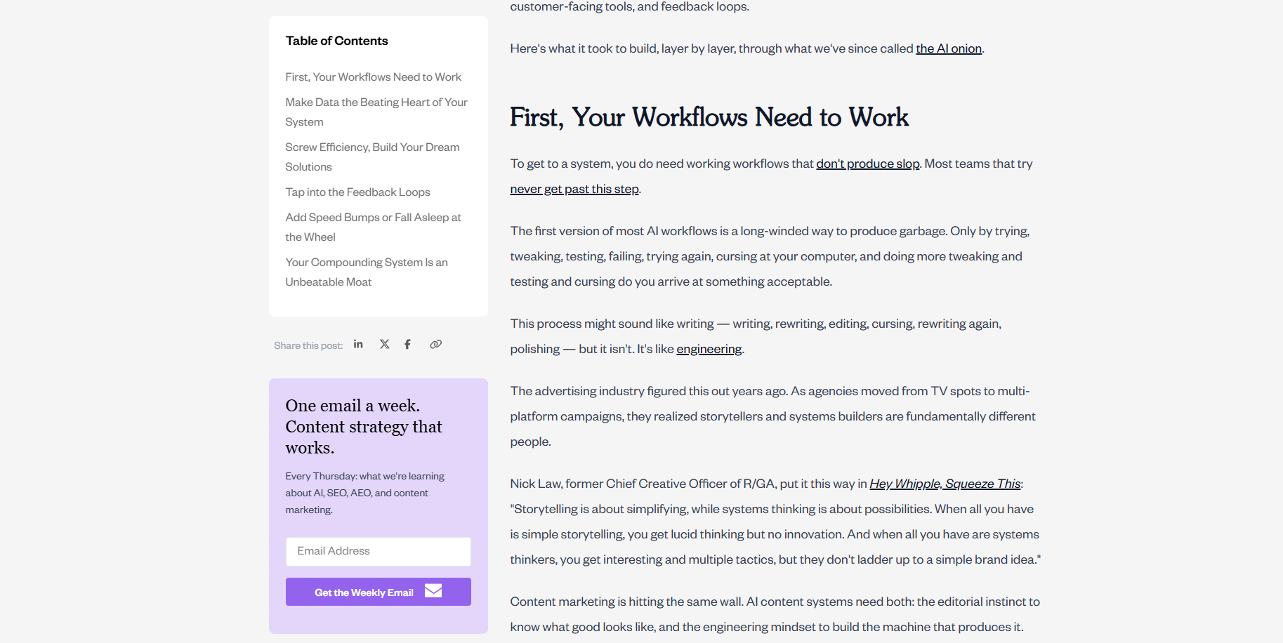 Blog article with left table of contents and a weekly email newsletter signup widget