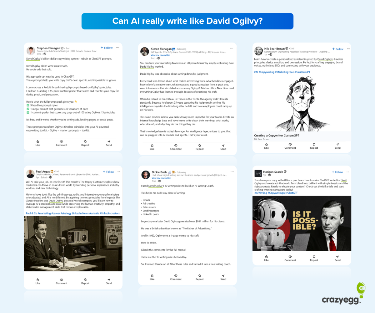 Collection of screenshots under a heading of "Can AI really write like David Ogilvy?"