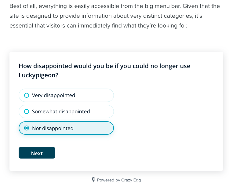 Screenshot of a live example of a Crazy Egg Surveys widget, embedded in a blog post.