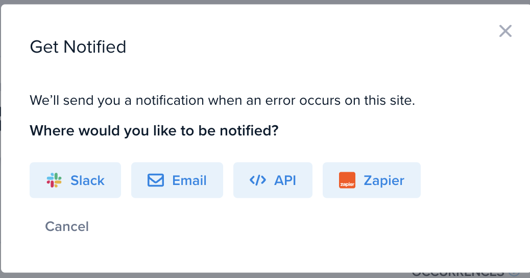 Screenshot of the Error Notification setup step in Crazy Egg. This provides options for Slack, Email, API, and Zapier messages.