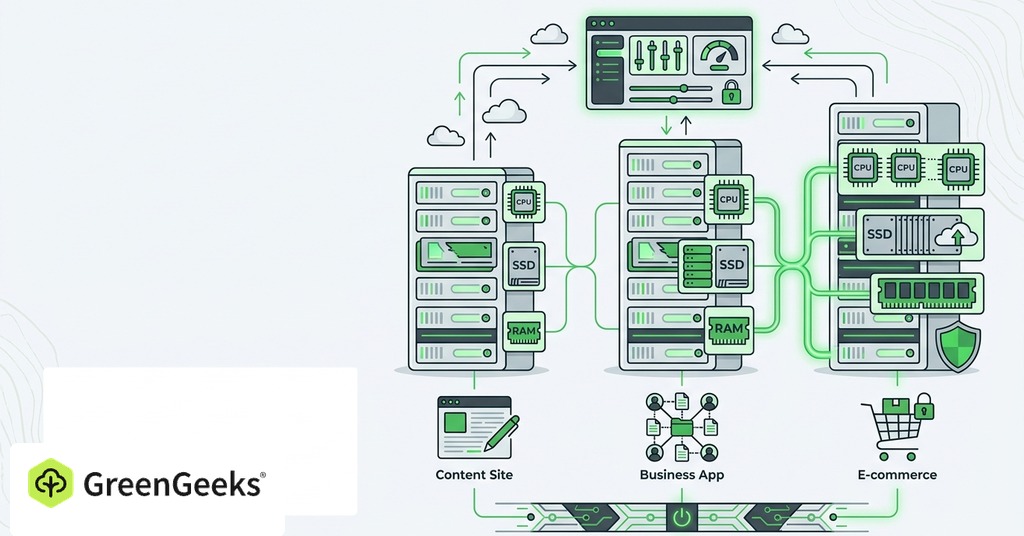 GreenGeeks illustration of hosting requirements by business workload for best web hosting for a small business